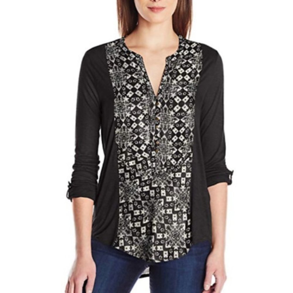 Lucky BRAND pullover printed henley top‎ black s